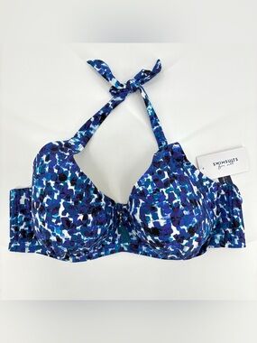 Swimsuits For All Blue Print Underwire Halter Bikini Swim Top Plus Size 24 NWT